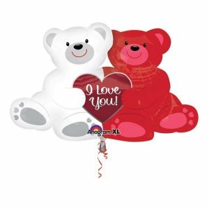 Red and white love bears foil balloons with 'I Love You!' message.