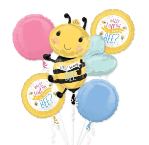 Cute bee and colorful balloons for baby gender reveal celebration.