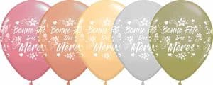 Colorful latex balloons with floral design and 'Bonne Fete Des Mere' message.