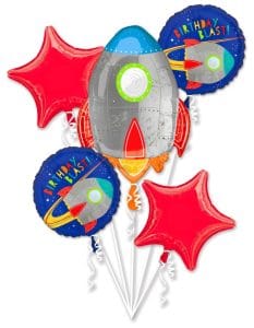 Space-themed rocket and star balloons for birthday celebration.