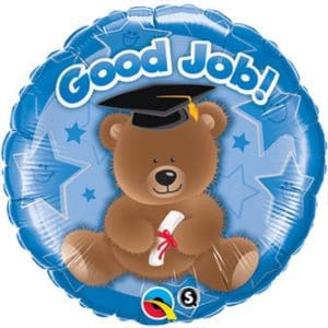Blue foil balloon with a bear wearing a graduation cap and holding a diploma.