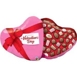 Heart-shaped balloon with chocolates and Valentine's Day message.