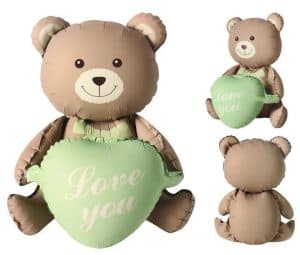 Cute brown bear balloon holding a green 'Love You' heart balloon.