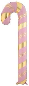 Pink and gold candy cane foil balloon for holiday celebrations.