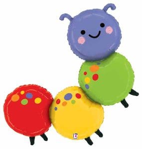 Colorful caterpillar balloon with cheerful face and vibrant colors for celebrations.
