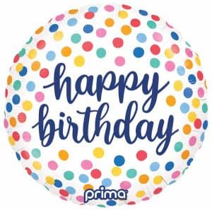 Colorful confetti birthday balloon with 'happy birthday' text.