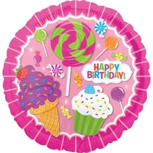 Bright pink birthday balloon with candies, cupcake, and a 'Happy Birthday' message.