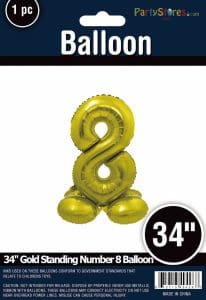 Gold 34-inch standing number 8 balloon for celebrations and parties.