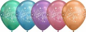 Colorful latex balloons with 'Bonne Fete' script for celebration.