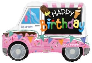 Colorful ice cream truck birthday balloon with happy birthday sign.