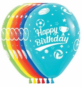 Colorful birthday balloons with sports-themed designs and 'Happy Birthday' message.