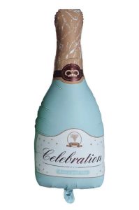 Blue champagne celebration foil balloon with 'Celebration' text and decorative design.