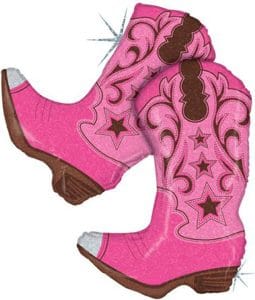 Pink cowboy boots foil balloon with star and swirl designs.