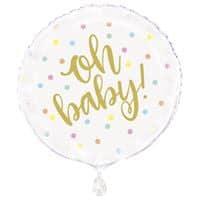 Round foil balloon with 'oh baby!' text and colorful confetti design.