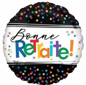 Colorful 'Bonne Retraite' retirement balloon with confetti design.