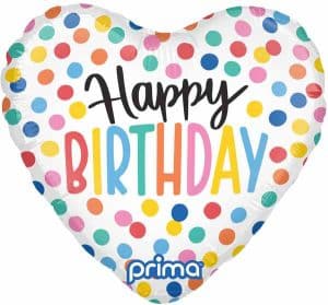 Colorful confetti heart-shaped balloon with 'Happy Birthday' message.