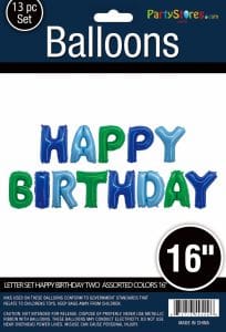Colorful 'Happy Birthday' letter balloons for birthday celebrations.