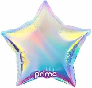 Holographic star-shaped foil balloon with Prima logo for celebrations.