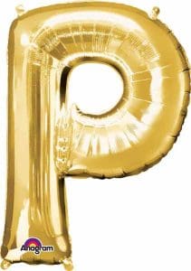 Gold foil balloon shaped as the letter P for celebrations and parties.