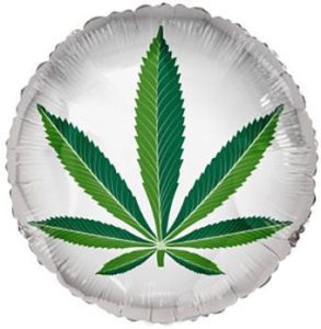 Green cannabis leaf foil balloon for celebrations and events.