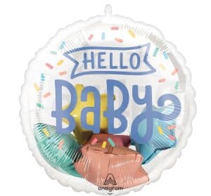 Hello Baby 3D jumbo balloon with colorful confetti design for baby shower.