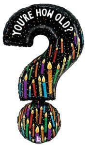 Black foil balloon with colorful candles and 'You're How Old?' text for birthday celebration.