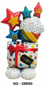 Vibrant birthday balloon bouquet with stars, cupcake, and gift box.