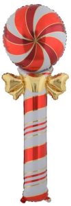 Red and white swirl candy lollipop foil balloon for celebrations.