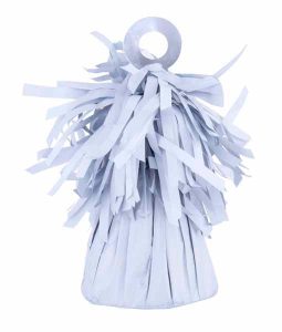 White balloon weight with fringed paper design for event decor.