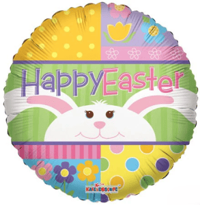 Colorful Easter Bunny foil balloon with floral and polka dot patterns.