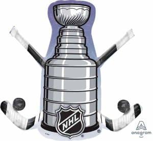 Stanley Cup hockey foil balloon with hockey sticks for NHL fans.
