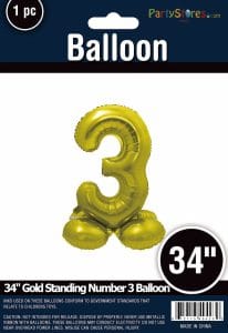 Gold 34-inch standing number 3 balloon for party decorations.