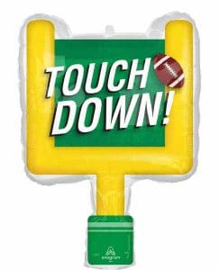 Football-themed goal post foil balloon for celebrations and parties.