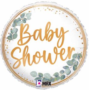 Baby Shower foil balloon with eucalyptus design for celebration.