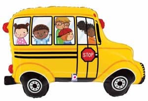 Colorful school bus foil balloon with children for back to school celebration.