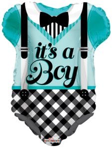 Blue baby clothes themed foil balloon with suspenders and bow tie design.