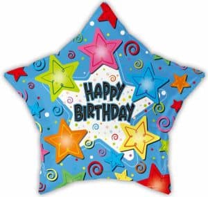 Colorful star-shaped foil balloon with 'Happy Birthday' message for celebrations.