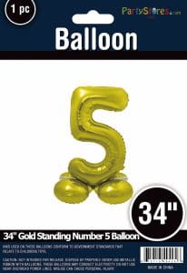 Gold 34-inch standing number 5 balloon for celebrations and parties.