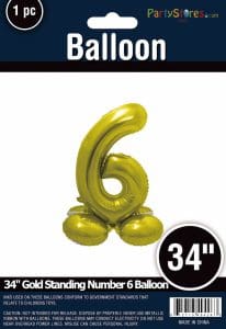 Gold 34-inch number 6 balloon for celebrations and parties.