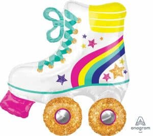 Colorful roller skate foil balloon with rainbow and stars design.