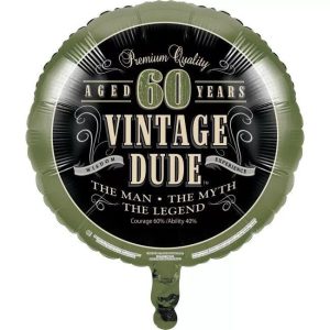 60th birthday foil balloon with vintage design and bold text.