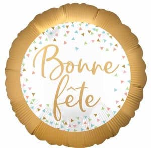 Gold and confetti decorated round foil balloon with 'Bonne Fete' message.