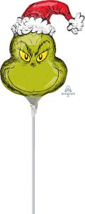 Grinch-themed Christmas foil balloon with Santa hat for holiday decor.