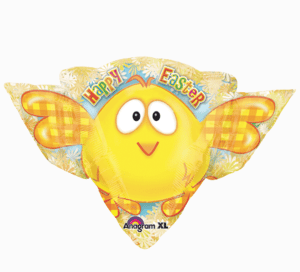 Easter chick foil balloon with wings and happy face for Easter celebrations.