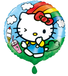 Hello Kitty rainbow foil balloon with clouds and drinks, perfect for celebrations.