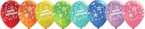Assorted colorful Happy Birthday printed latex balloons for celebrations.