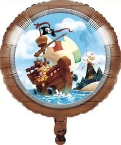 Pirate ship foil balloon with skull flag and treasure chest design.