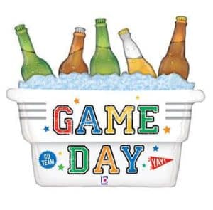 Colorful game day themed foil balloon in cooler for celebration.