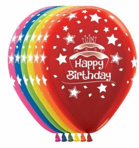 Red birthday balloon with stars and cake graphic for celebration.