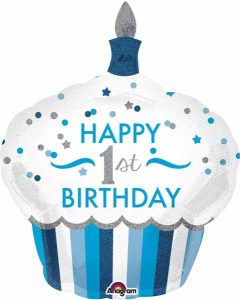 Happy 1st Birthday Blue Cupcake Round Balloon